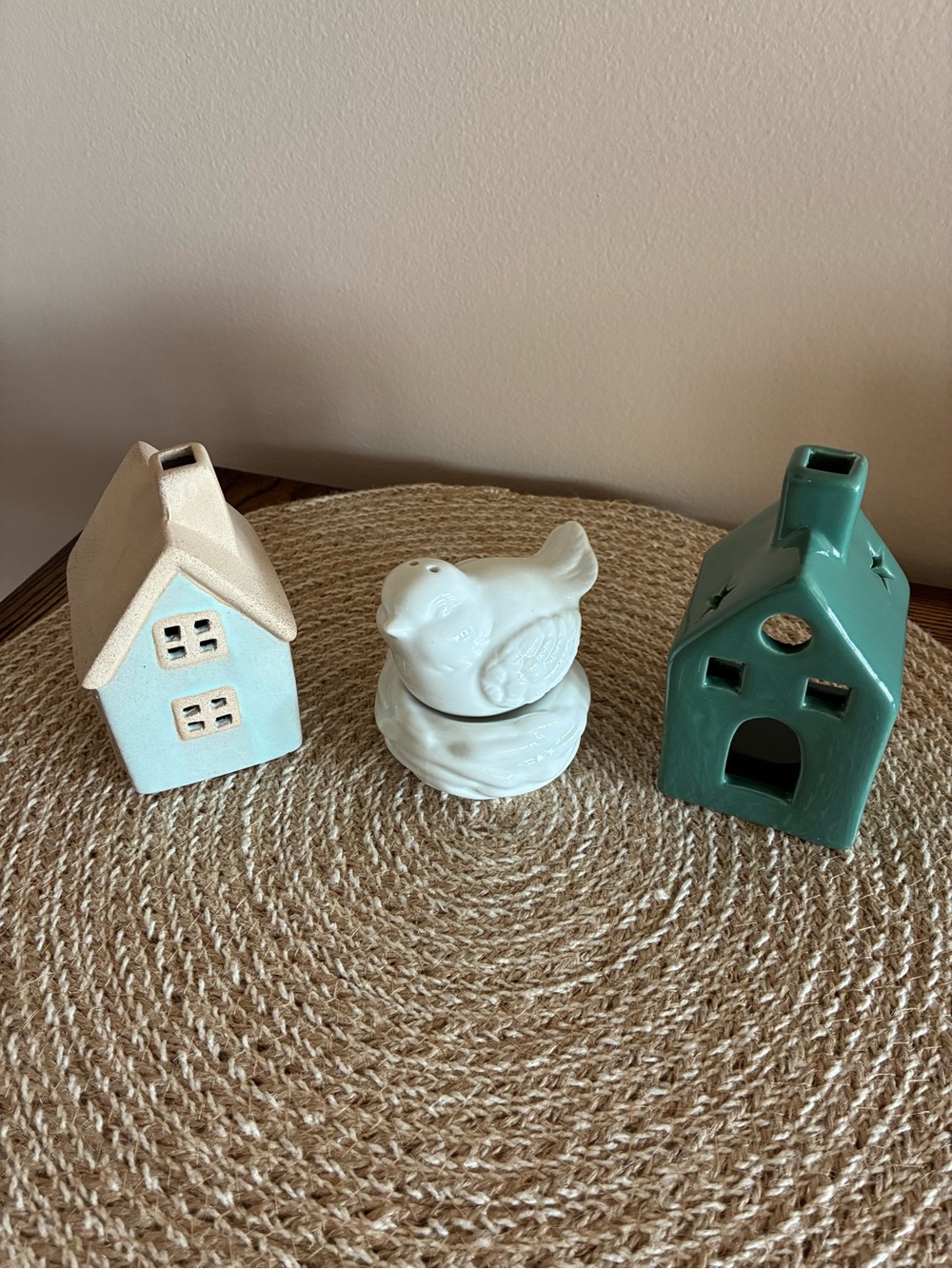 2 Small Ceramic Houses and 1 Ceramic Bird/Nest Salt & Pepper Shaker